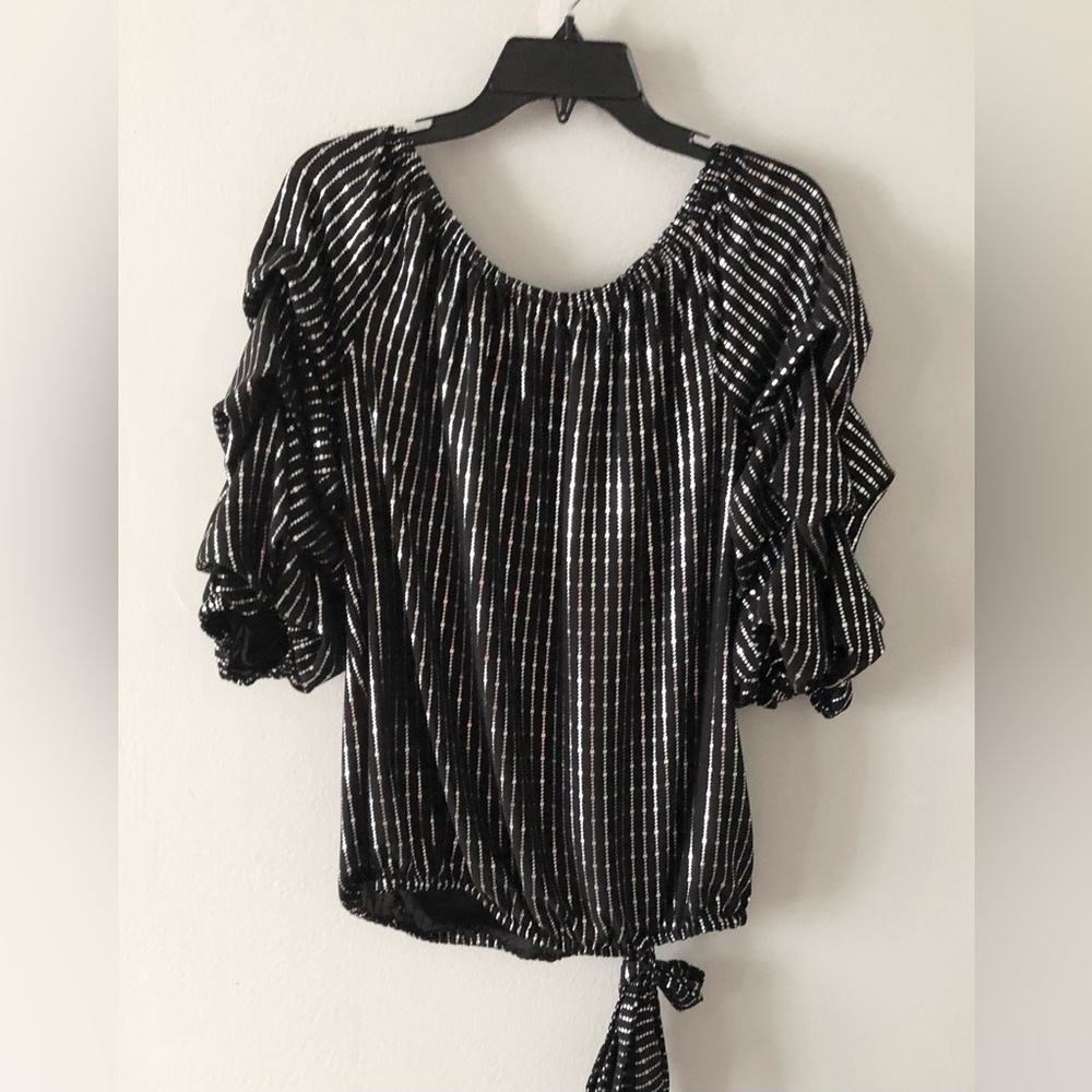 Prelude Metallic Stripe Peasant Tie Hem Top